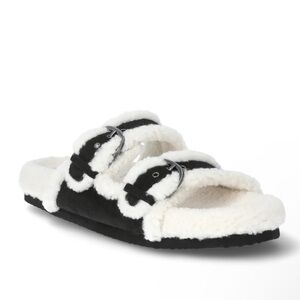 No Boundaries Black and Cream Fuzzy Sandals
